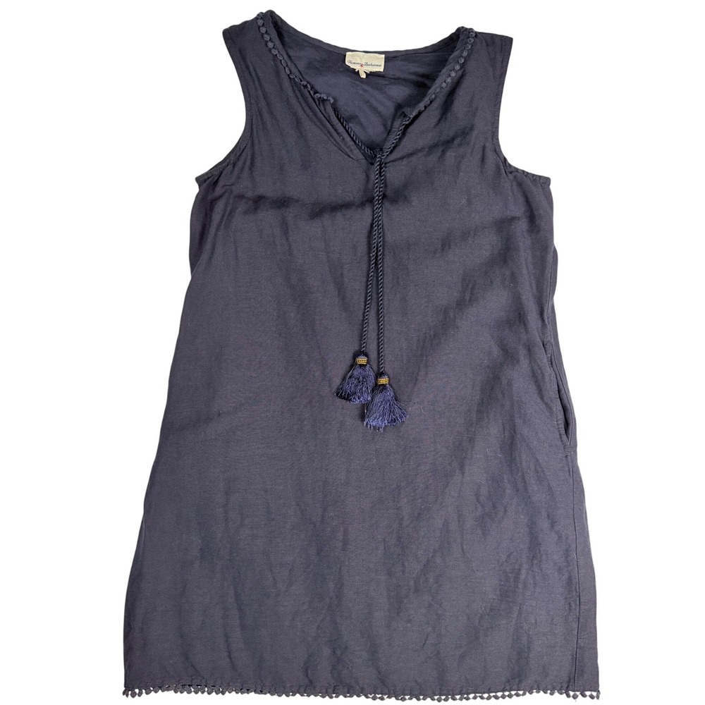 Tommy Bahama Navy Linen Tassel Shift Dress Sleeveless Pockets Pom Pom Trim XS
